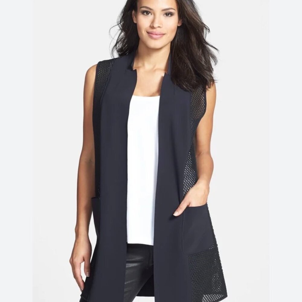 Elie Tahari Black Mesh "Tonya" Open Front Sleeveless Vest, Size XS